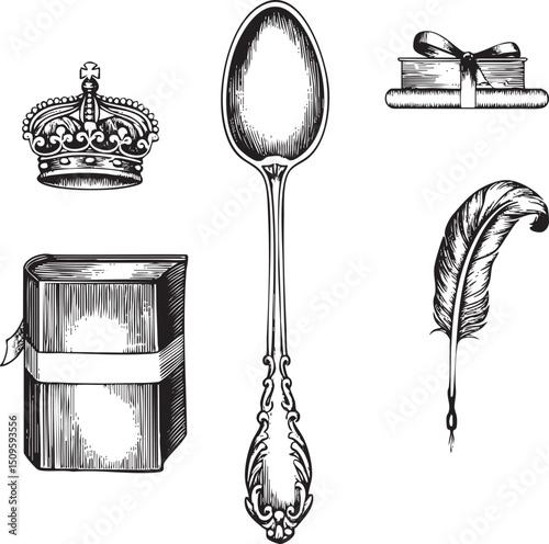 vintage showcases a crown spoon book gift box and feather.