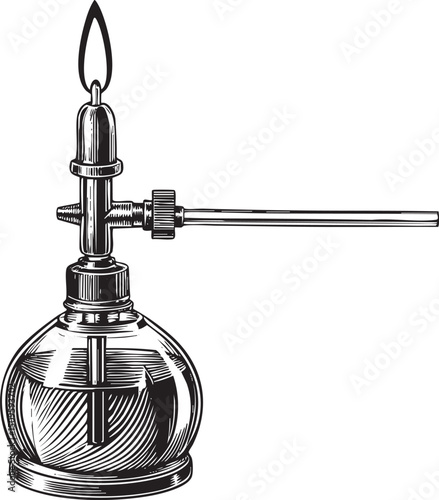 vintage glass retorts with a gas burner.