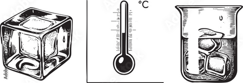clear ice cube rests within a glass alongside a thermometer measuring temperature.