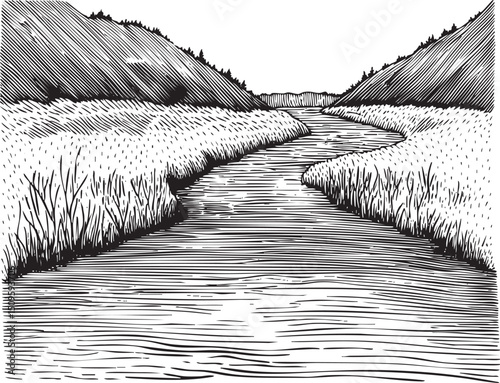 winding river flows through a grassy valley between towering .