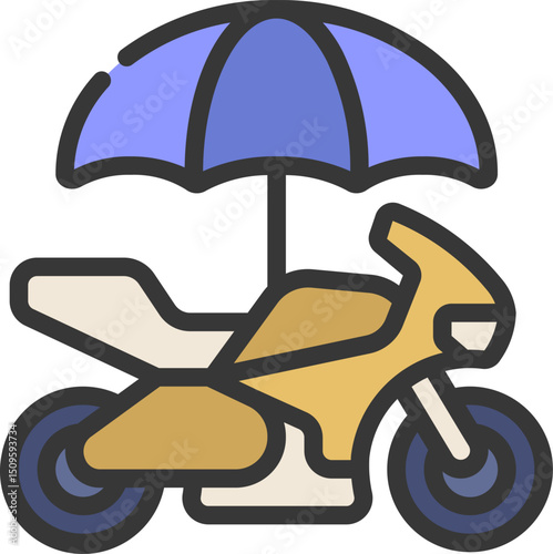 Motorcycle sits under umbrella, representing insurance coverage and protection from risks, conveying safety and security.