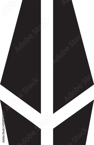 Geometric white shapes form a stylized downward arrow against a black background.