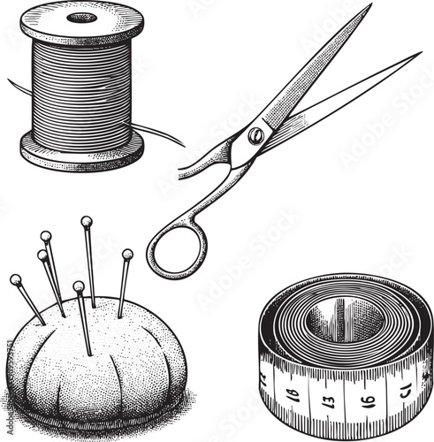 spool of thread a pair of scissors and a measuring tape represent sewing supplies.