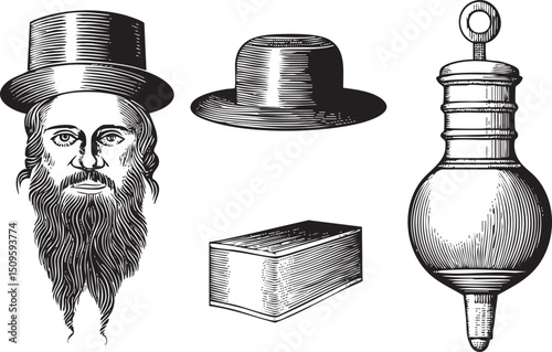 distinguished man wearing a tall hat and a book rests beside an ornate light bulb.