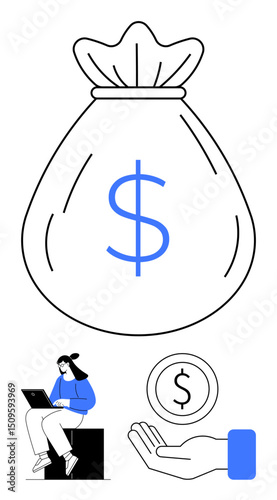 Large money bag with dollar sign, hand presenting a coin, and woman working on a laptop. Ideal for finance, investment, savings, online business, remote work, budgeting simple landing page