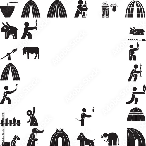 Black silhouettes of diverse figures and structures are arranged in a linear composition.