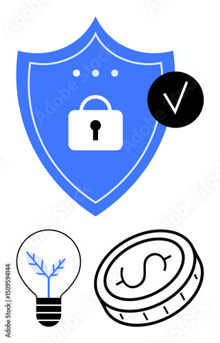 Blue shield with padlock, checkmark, lightbulb, and coin symbolizing protection, innovation, finance, and trust. Ideal for cybersecurity, fintech trust innovation financial planning blockchain