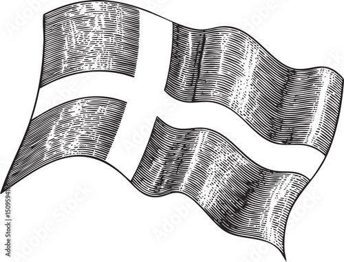 stylized black and white of a waving Nordic flag.