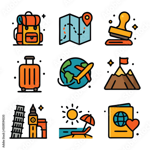 Travel icons packs with like a backpack and passport for adventurous projects – travel blogs, vacation brochures, or wanderlust websites.