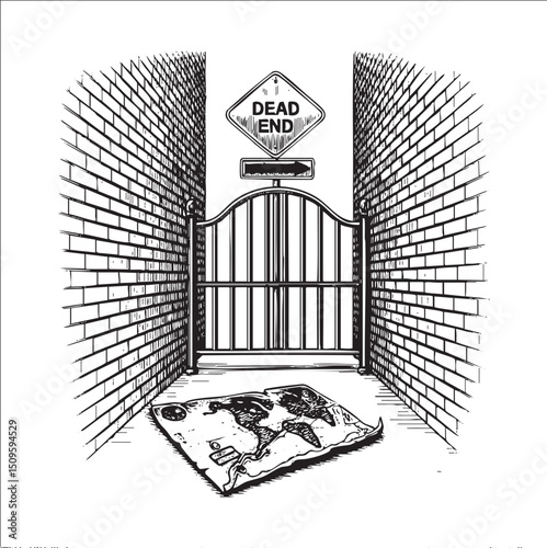 black and white depicts a weathered map resting on a brick pathway leading to a closed iron gate with a ‘Dead End’ sign.