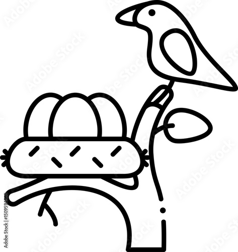 Bird perches on a branch next to a nest filled with eggs in springtime, symbolizing new life and nature's beauty.