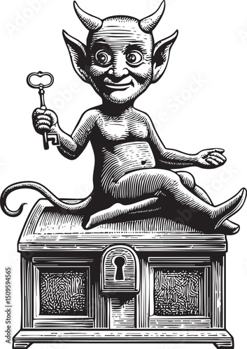 mischievous devil sits atop a wooden chest holding a decorative key.