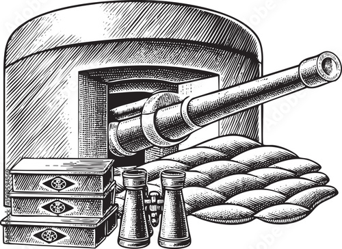 weathered telescope rests on a wooden crate amidst stacked burlap sacks.