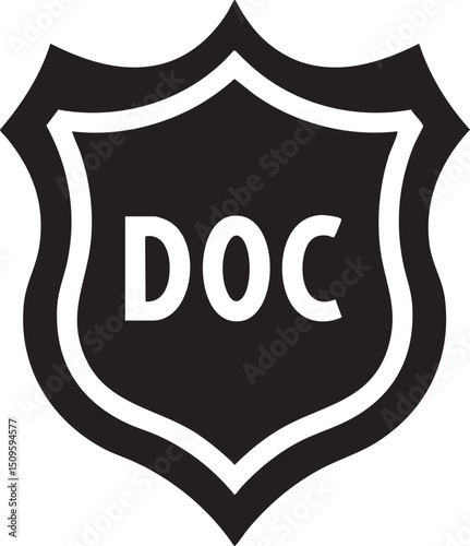 stark white shield displays the letters ‘DOC’ in bold black lettering.