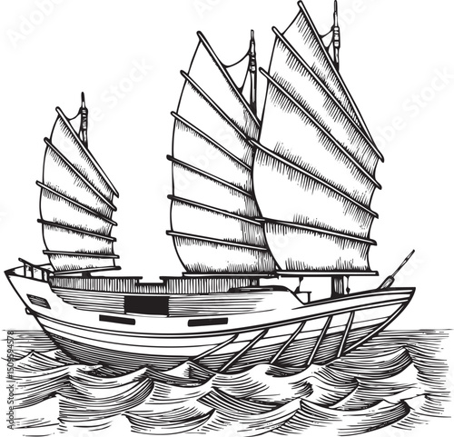 detailed black and white depicts a traditional sailing vessel navigating calm waters.