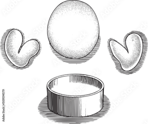 Three smooth spheres rest on a circular ring against a white background.