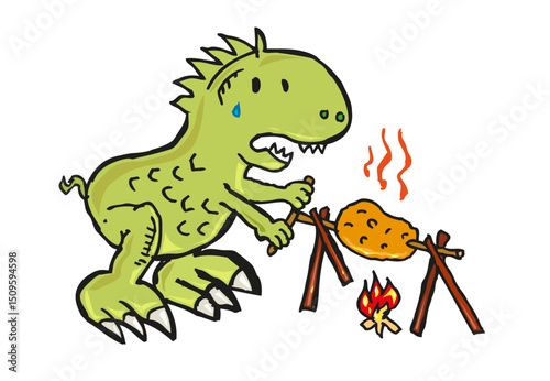 Dinosaur cooks a Barbecue doodle artwork. Editable Clip Art