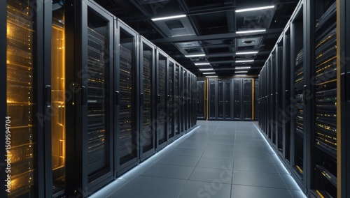 Corporate data center with server racks and clean environment