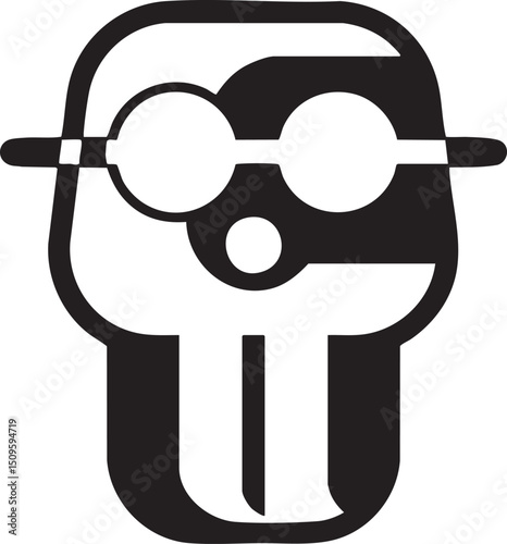 stylized black and white figure wears glasses and a thoughtful expression.