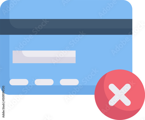 Credit card declined with a red cross symbol indicating a payment failure, representing financial problems and transaction issues.