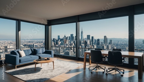 Corporate executive suite with panoramic city views and furniture