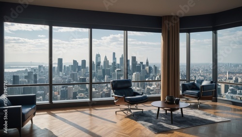 Corporate executive suite with panoramic city views and furniture