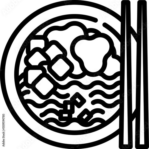 Bowl of ramen with tofu and chopsticks sits on a table, ready to be eaten, representing a delicious and comforting meal in a minimalist style.