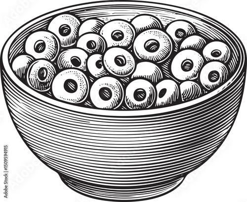 ceramic bowl overflows with stylized dark-colored olives resembling human eyes.
