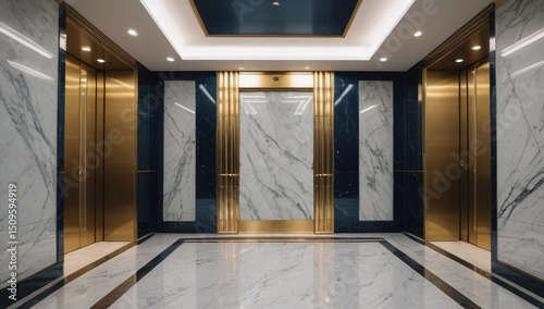 Empty office elevator lobby with marble and glass design