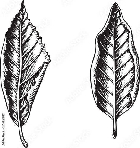 Two detailed black and white leaves are displayed side-by-side.