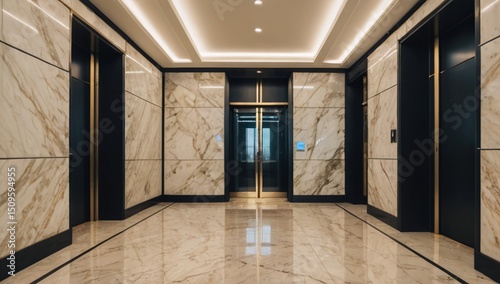 Empty office elevator lobby with marble and glass design