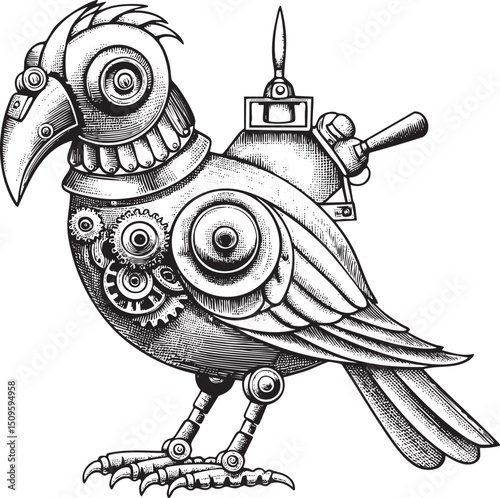 mechanical bird with intricate gears and dials.