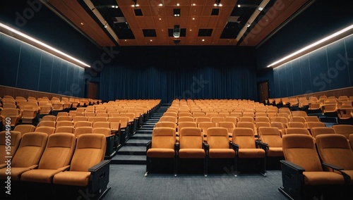 Empty university auditorium with stage and tiered seating