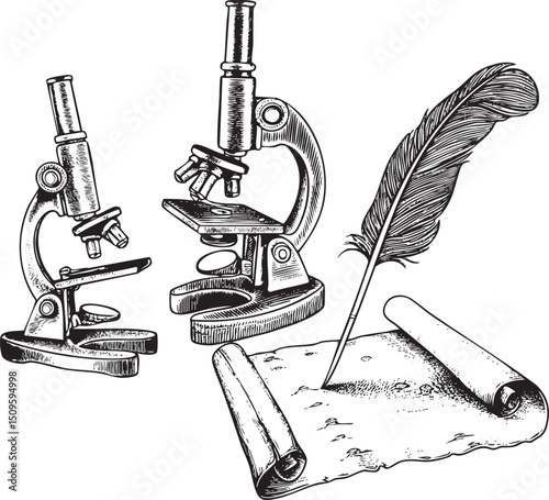 Two microscopes and a quill pen rest on an unrolled parchment document.