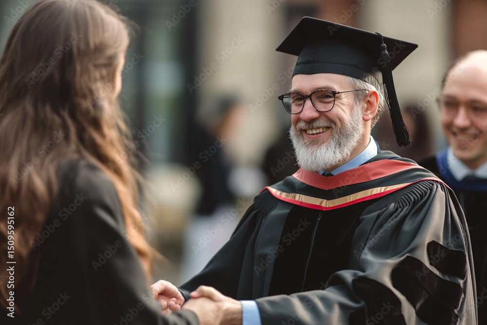 Fototapeta premium Old professor shaking hands with graduate warmly