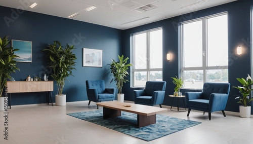 Medical clinic waiting area with modern furniture and plants