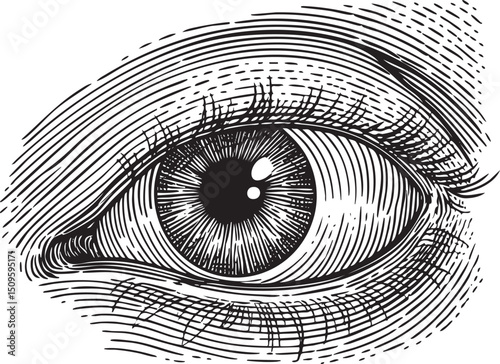 close-up of a detailed human eye is presented in intricate black and white linework.