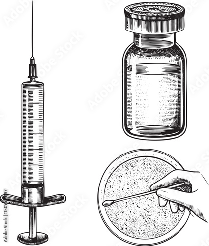syringe and vial are depicted alongside a scoop of powder.