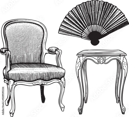 decorative chair and a small table are displayed against a white background.