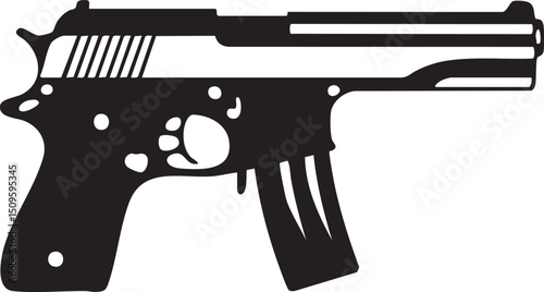 black silhouette of a pistol rests on a white surface.