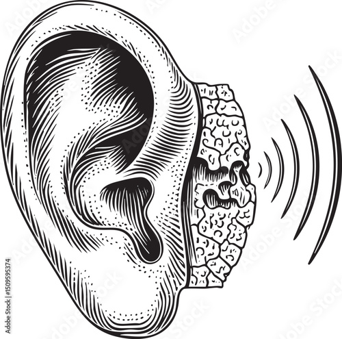 detailed depicts an ear connected to a stylized brain emitting sound waves.
