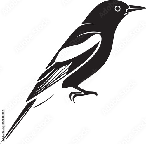 stylized black bird perches gracefully on a white background.