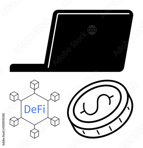 Laptop with globe, DeFi blockchain network, and dollar coin. Ideal for finance, blockchain, cryptocurrency, digital economy, investment, fintech simple landing page