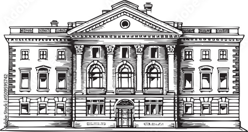 stately multi-story building with a prominent central dome stands proudly against a clear sky.