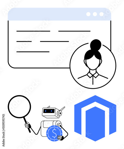 Robot holding magnifying glass, woman portrait icon, webpage design, and shield signifying technology, security, and analysis. Ideal for AI, cybersecurity, data analysis finance user profiles