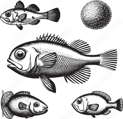 Five diverse fish swim in a circular arrangement.
