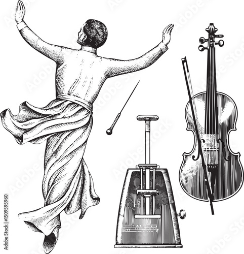conductor gestures dramatically while a musician plays a cello.