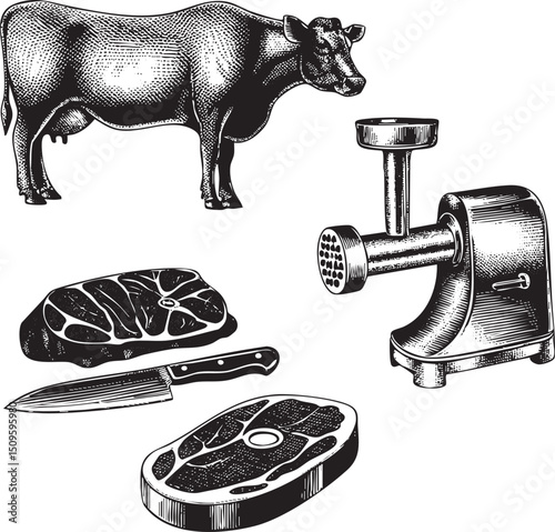 black cow stands beside a meat grinder with cut beef slices and a knife.