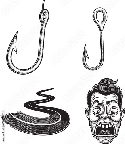 Two fishing hooks hang from a wire alongside a stylized depiction of a screaming face and a coiled snake.