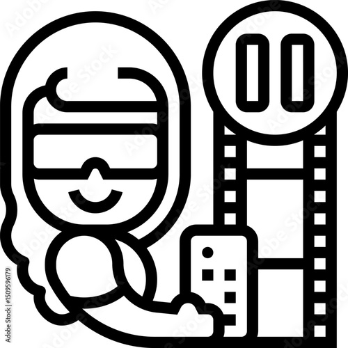 Woman wearing vr headset pauses movie with remote control in living room for entertainment, creating relaxed and modern atmosphere.